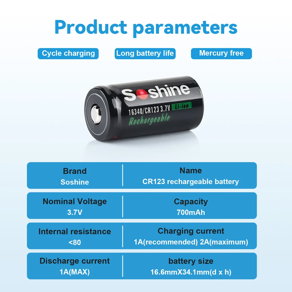 Soshine 3.7V 700mAh Rechargeable Battery Smart Lithium Batteries Charger RCR123 16340 700mAh Li-Ion Battery 500 Discharge Cycle