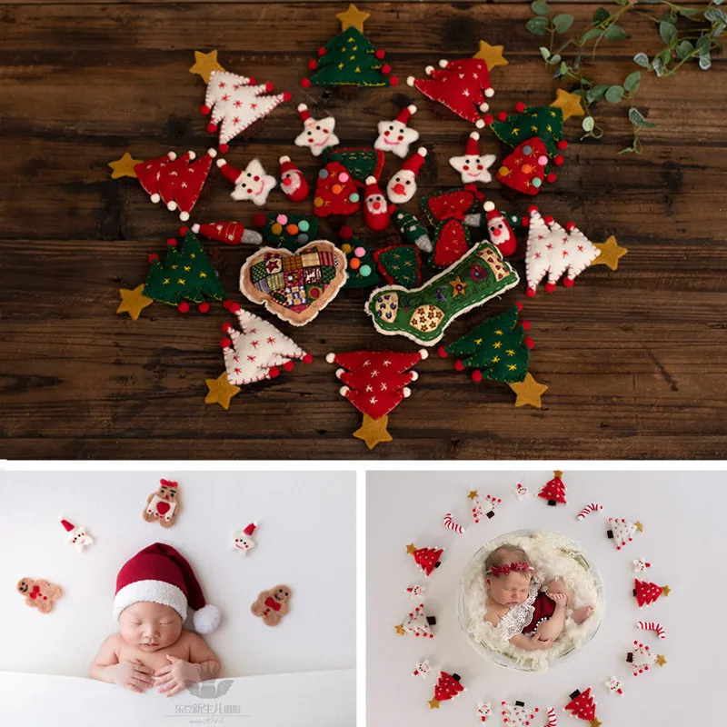 Newborn Photography Props Christmas Wool Felt Doll Santa Claus Snowman Snowflake Tree Stars Fotografia Baby Photo Accessories