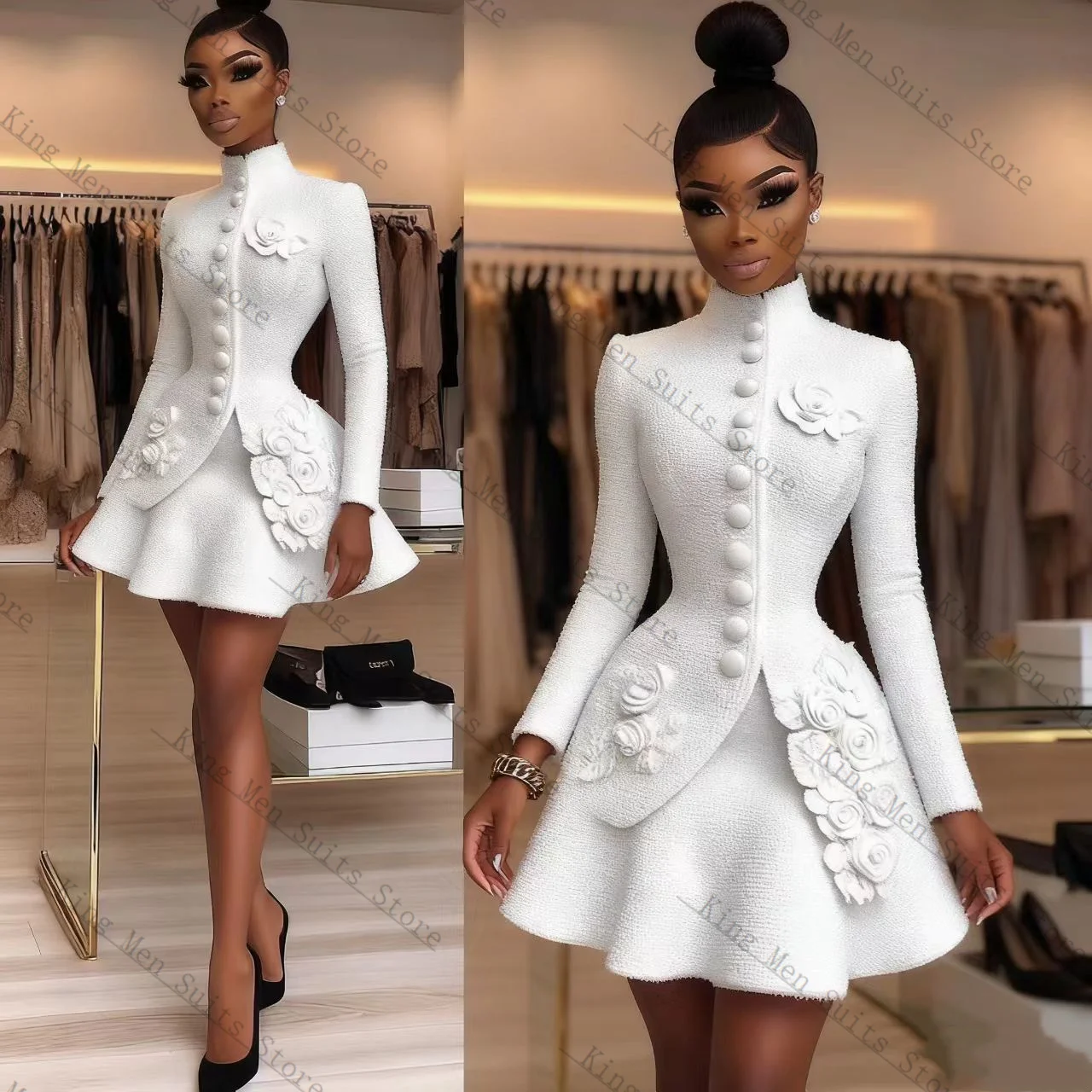 Abito da donna bianco di lusso Set 2 pezzi Blazer + Mini abito corto da ballo Giacca da smoking da sposa formale personalizzata con fiori 3D