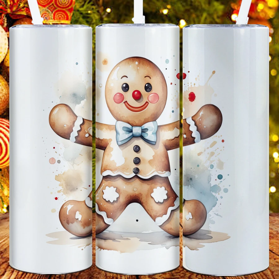 1Pc Party Water Bottle Straw Lid 20oz Stainless Hot Cold Insulated Mugs Straight Cups 3D Print Gingerbread Christmas Party Gift