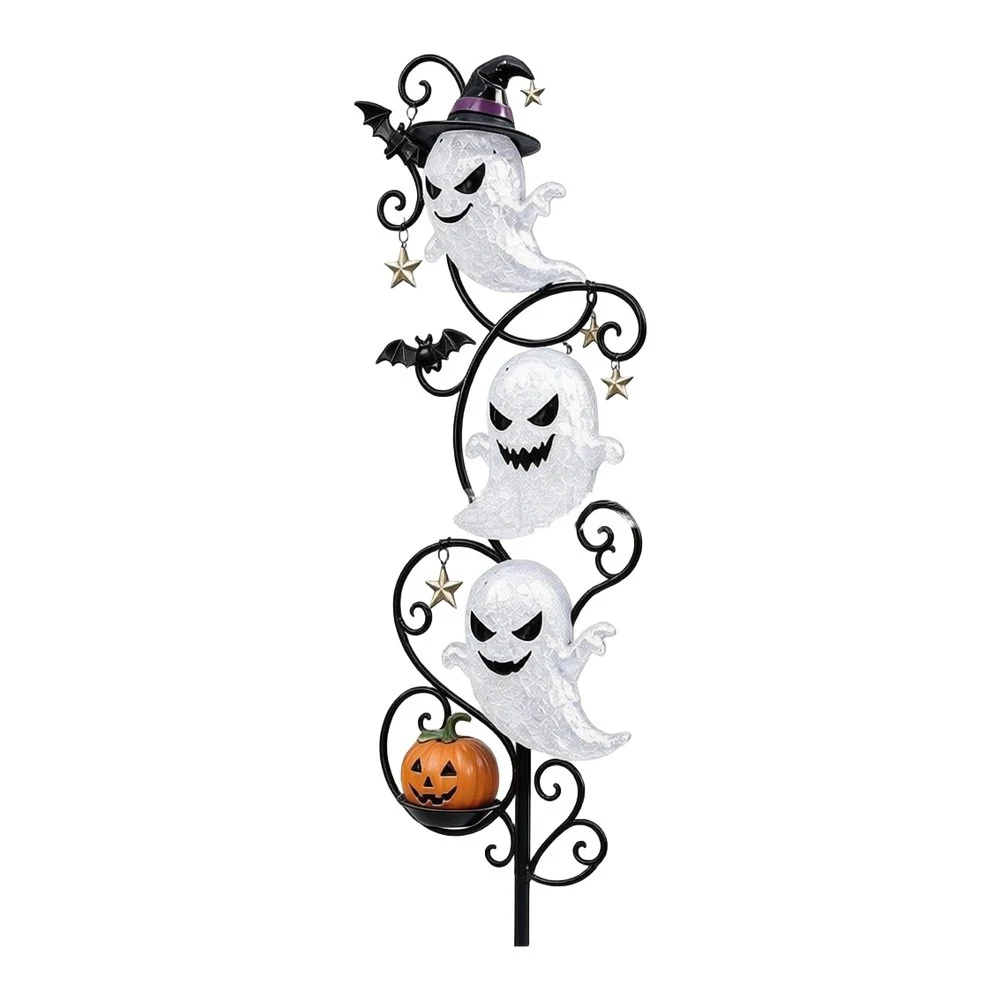 3 Tier Halloween Lighted Stake With Witch Hat Bat Jack O Lantern Waterproof Iron Garden Ornament For Yard Pathway Decor