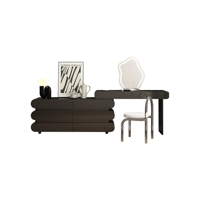 

Все массив дерева, черный комод, комод, встроенный итальянский столик для макияжа, современная минималистичная спальня, продвинутая легкая роскошь.