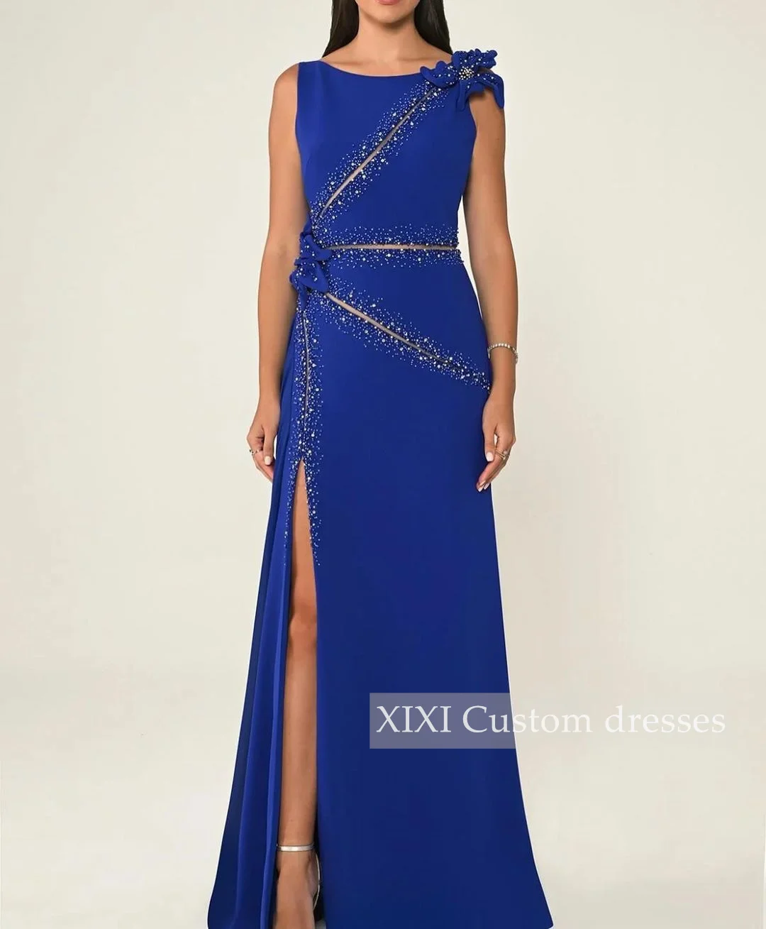 فستان سهرة XIXI مغرفة بياقة مطرزة بالخرز بطول أرضي مكشكشة بسحاب فساتين بلا أكمام لحفلة موسيقية Vestidos De Festa #1