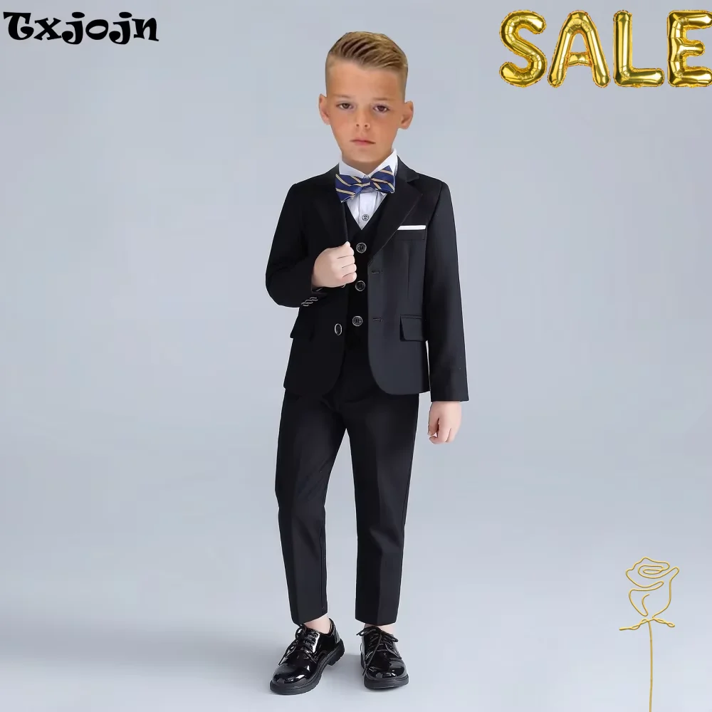 

Classic Black Child Tuxedo 4 Pieces Blazer Vest Pants Bow Tie Wedding Ring Bearer Outfit Handsome Boys Slim Fit Suits Activities