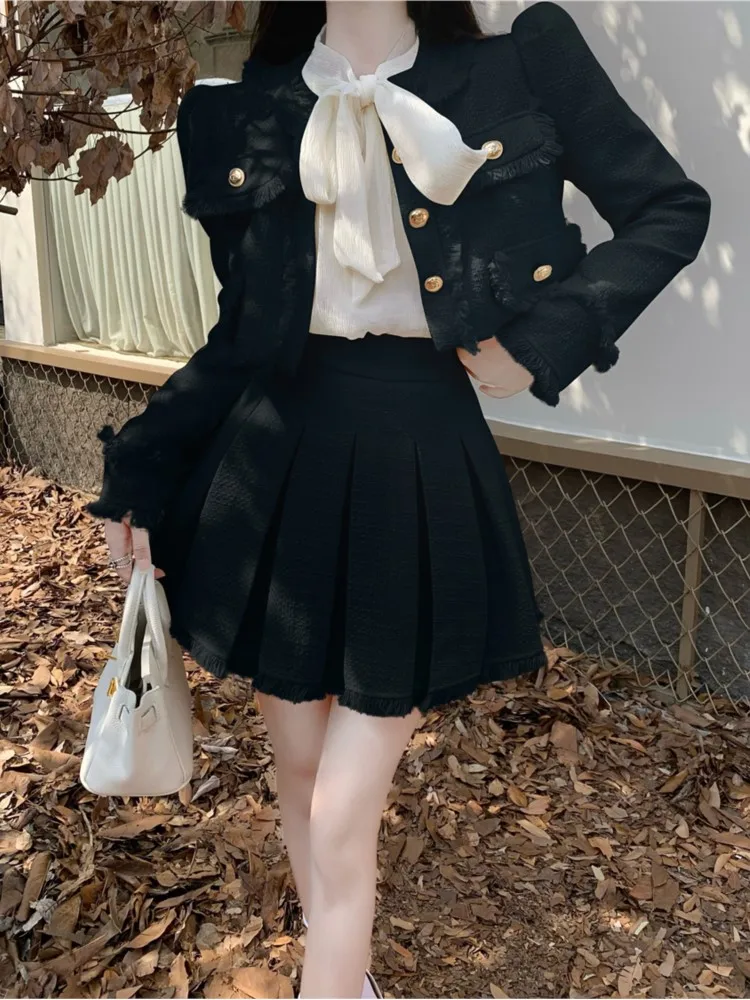 Spring New French Vintage Tweed Two Piece Set Women Short Jacket Coat + Pleated Skirt Suits Korean Ladies Luxury Outfits