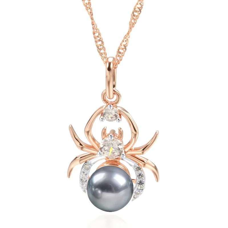 Wbmqda Einzigartiger Spinnen-Anhänger und Halskette für Frauen, 585er Roségold, mit grauer Perleneinlage, luxuriöses Tierschmuck-Accessoire