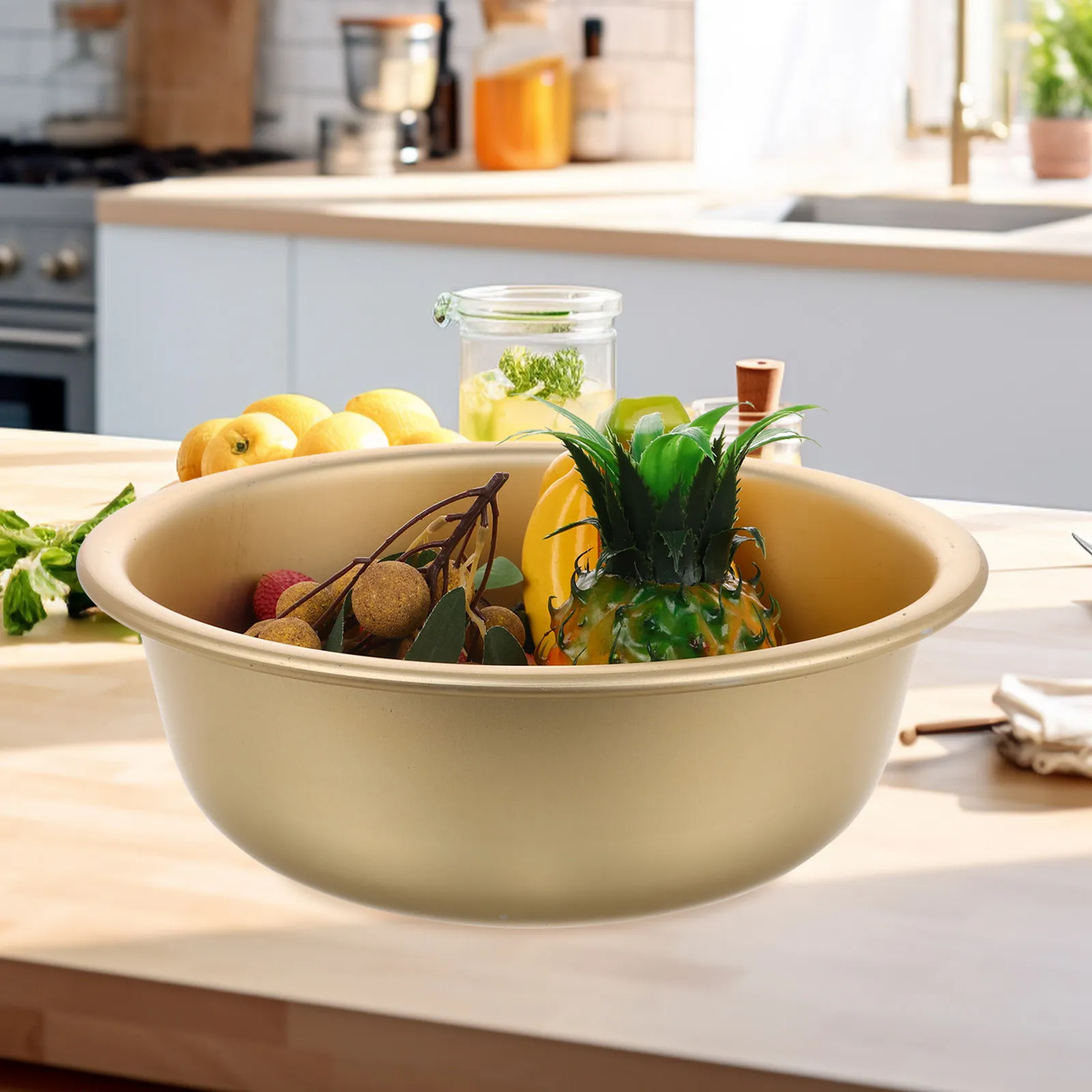 Aluminum Rice Washing Basin Large Capacity Deep Round Kitchen Wash Basin for Vegetables Fruits Salad Desserts Serving Mixing