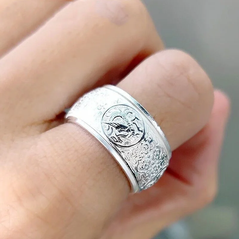 Men's 999 Pure Silver Ring Dominant Personality Four Great Mythical Beasts Rotatable Wide Size Trendy Single Food Ring