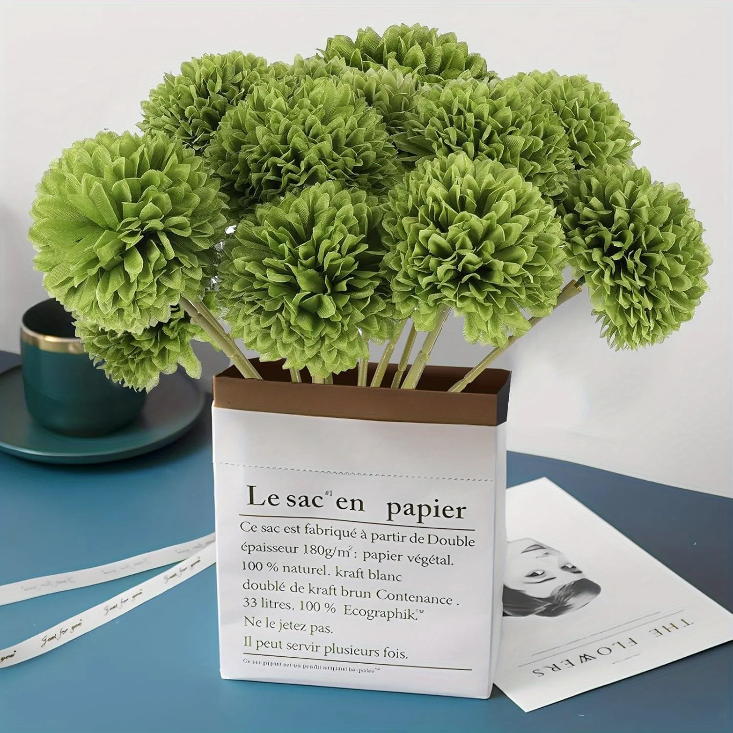 كرة أقحوان صناعية - 12 قطعة مع زهور خضراء لتزيين المنزل، الذكرى السنوية للزفاف، تشكيلة الزهور #5