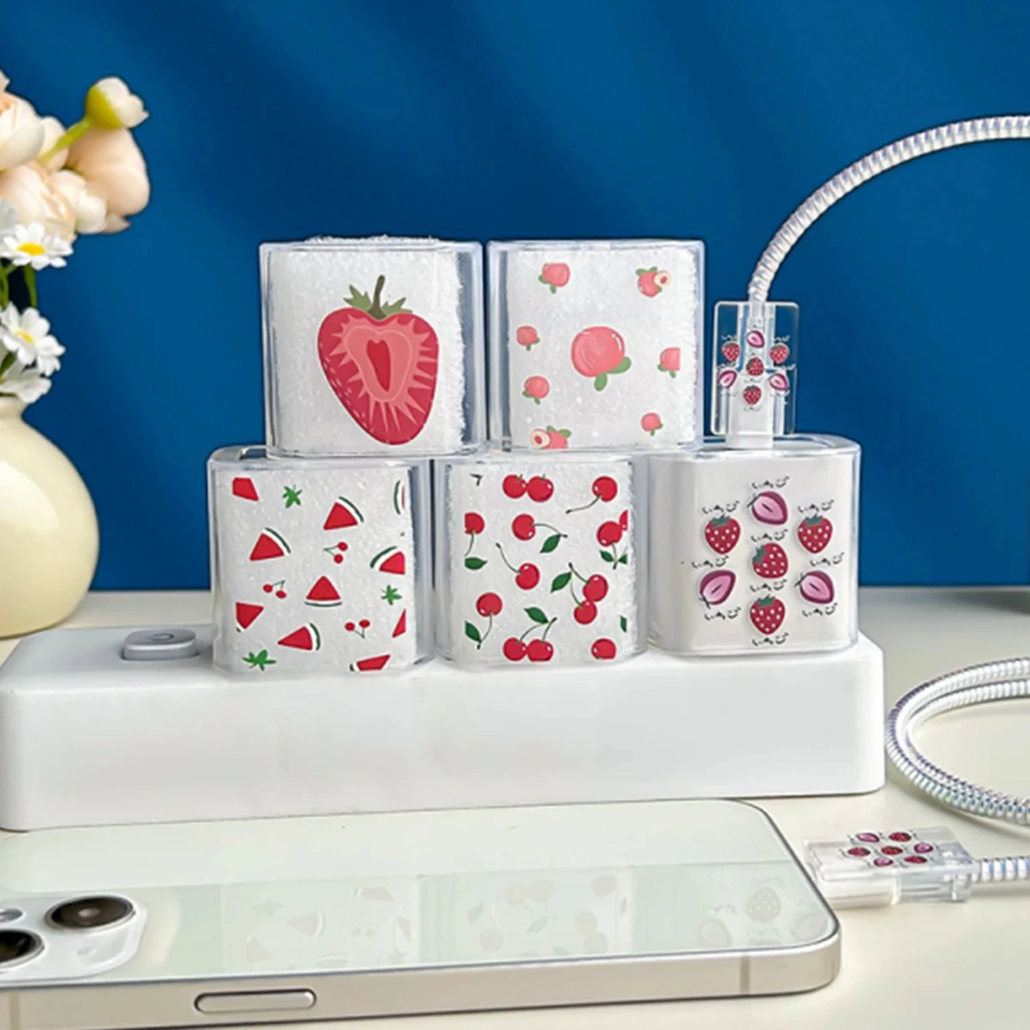 5pcs Colorful Strawberry Watermelon Cherry Charger Protective Cover Winder Accessories for 18/20w Charging Data Cable