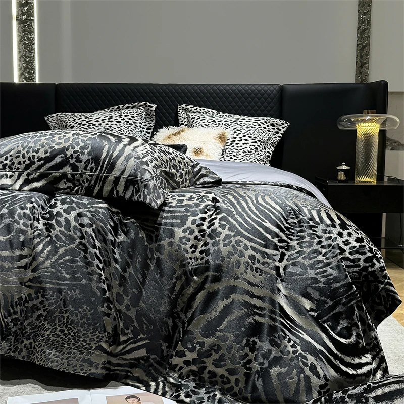 4Pcs Luxury Leopard Print Jacquard Bedding Set Egyptian Cotton Satin Brocade Duvet Cover High-End Bed Linens for Bedroom Hotel