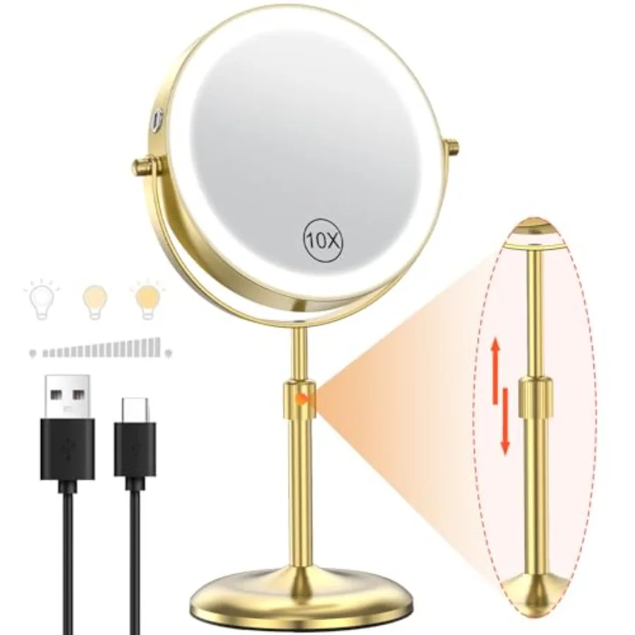 

Lighted Makeup Mirror with 3 Color Lights and 10X Magnification Adjustable Brightness and Height 7 Inch 360° Swivel Rechargeabl