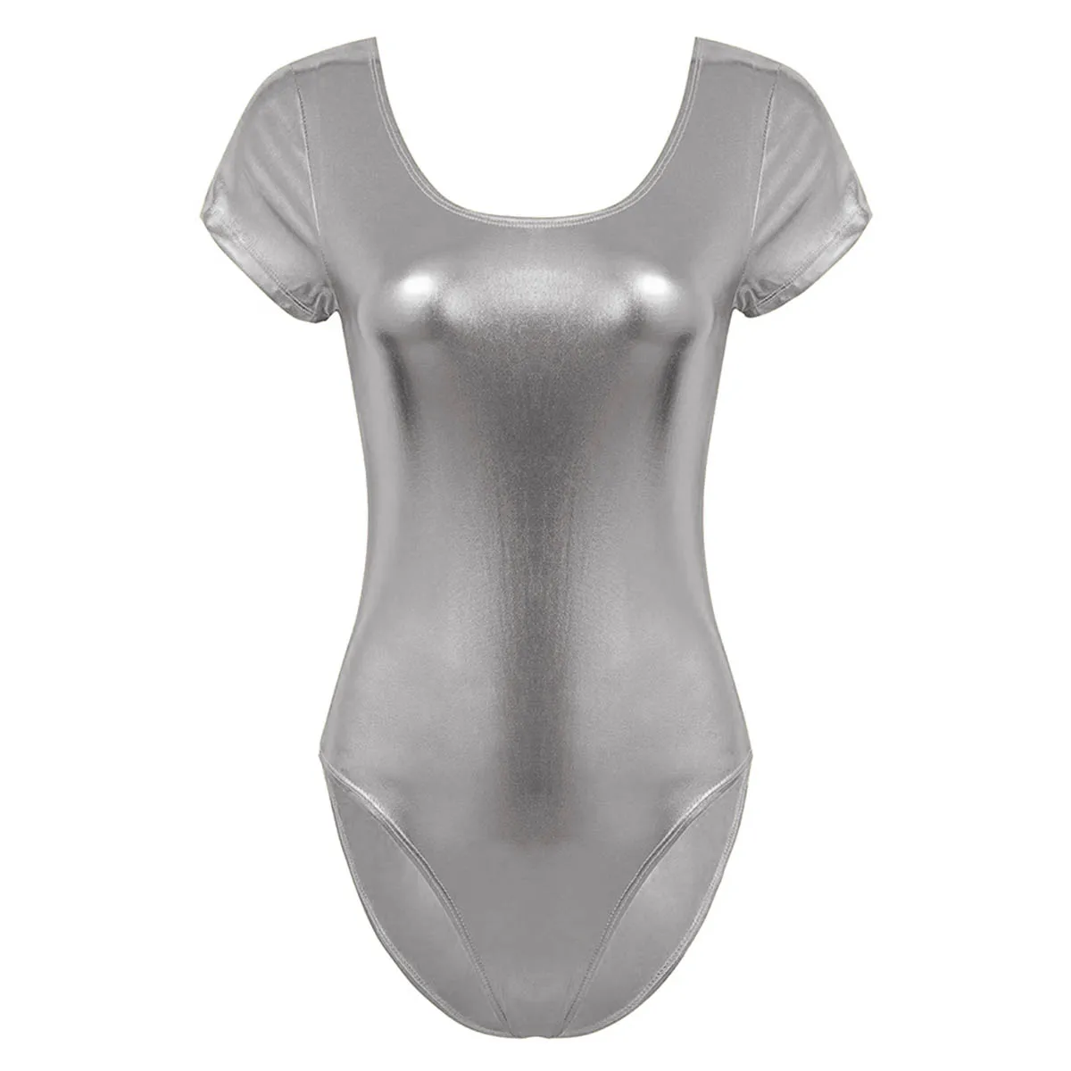 Zomer Sexy Dansvoorstelling Voor Womens Korte Mouwen Shiny Metallic Spandex Bodysuit Ballroom Pole Dans Kleding Slanke Plus Size