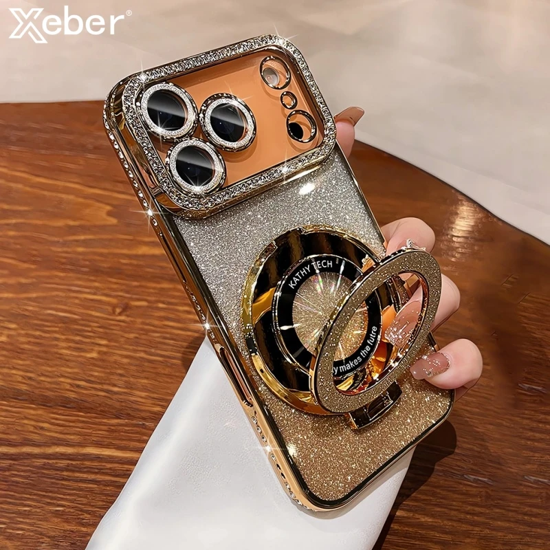 Plating For Magsafe Magnetic Stand Holder Rhinestones Case For iPhone 17 Pro Max 16 11 12 13 14 15 Plus Diamond Bumper Cover