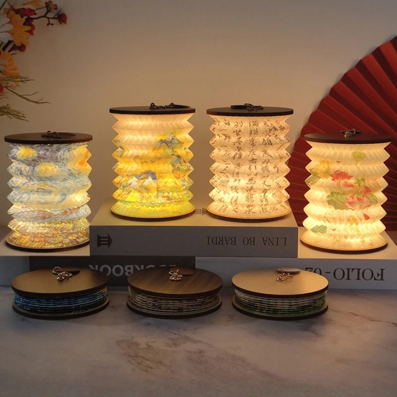 Wooden Lantern Nightlight Chinese Retro Style Night Light Luxury Waterproof Festival Gift Lighting Lamps Paper Breathing Lights