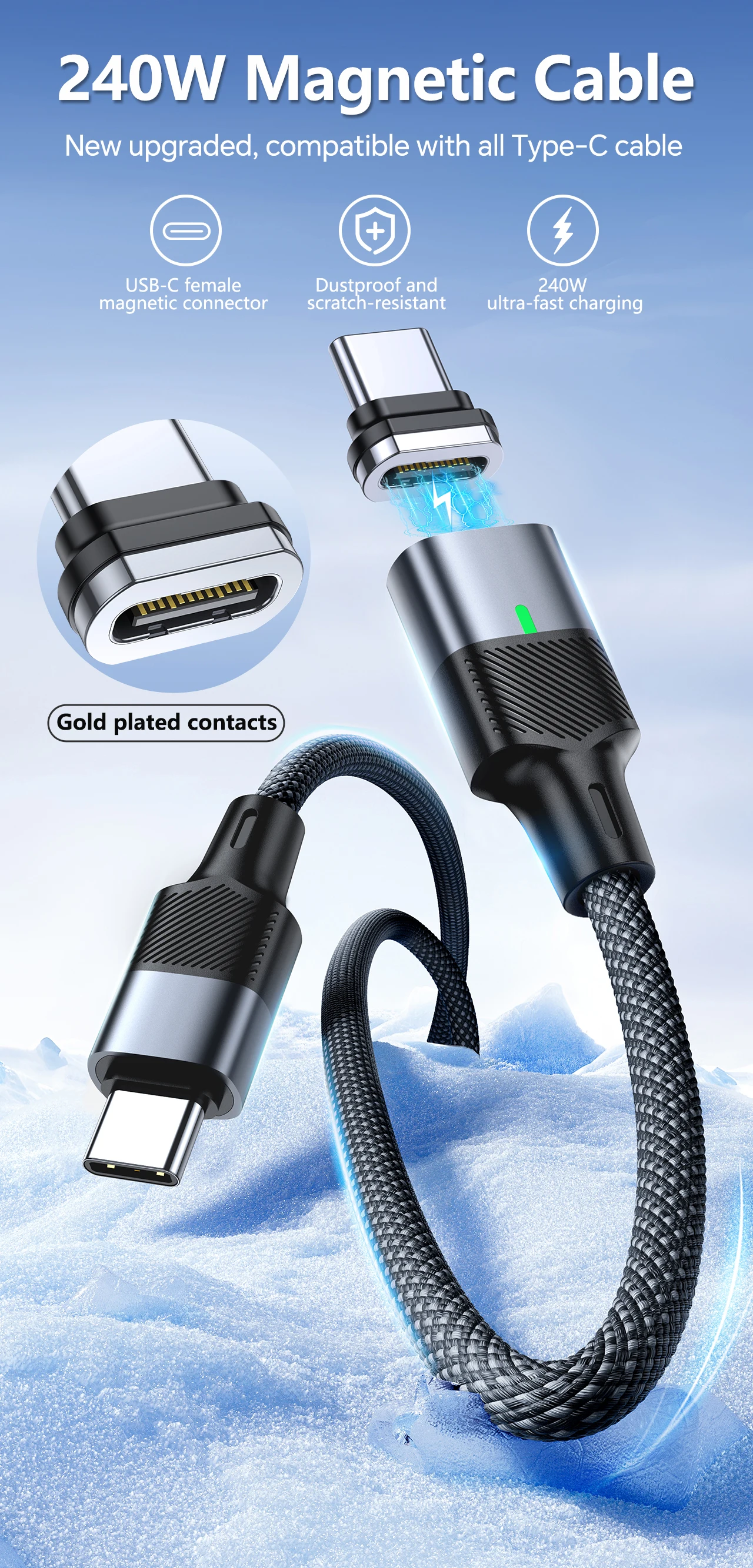 Boxiang Magnetic Plug 240W 48V5A Magnetic USB-C Cable PD3.1Fast Charge 120Gbps High Speed Data Sync Dual Use Type C Charger Wire