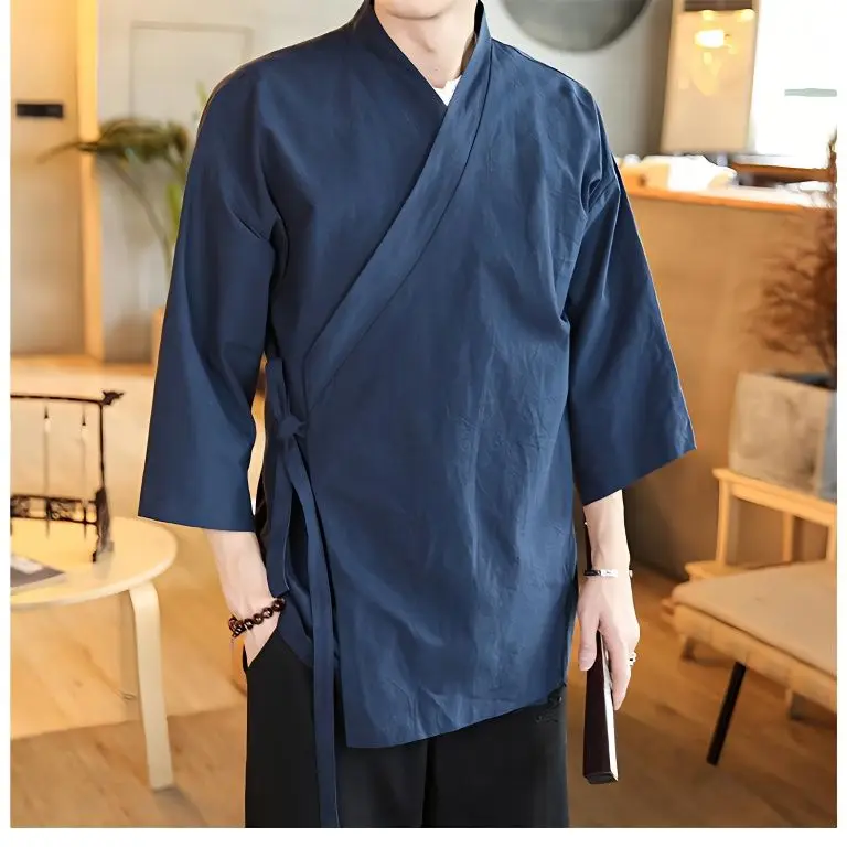 

Men's Summer Cotton Linen Dao Pao Coat Side Opening Oblique Collar Workwear Chef's orm Traditional Hanfu Outerwear