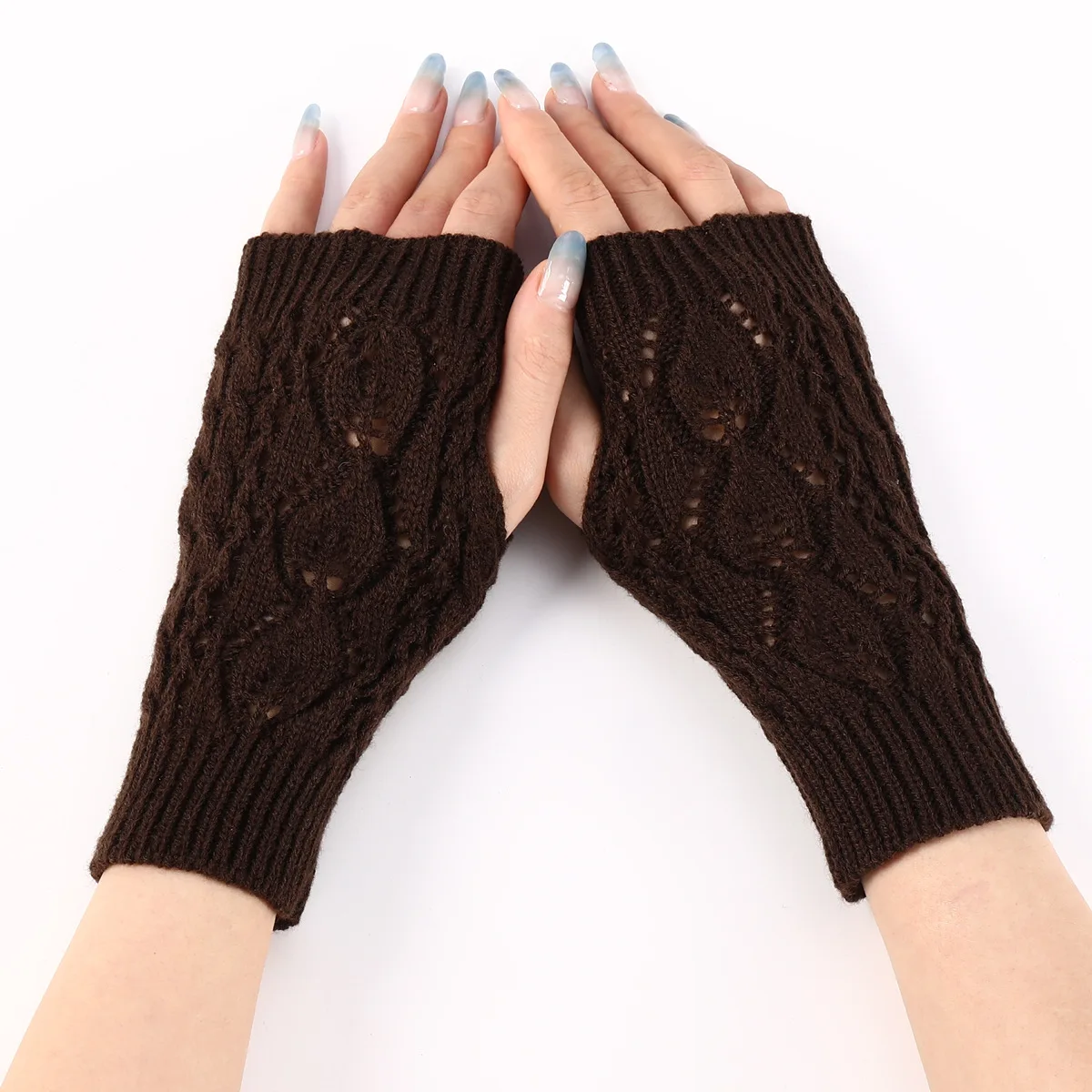 Womens Winter Half Finger Glove Girls Soft Warm Leaves Knitted Crochet Fingerless Hand Wrist Warmer Home Office Autumn Mittens