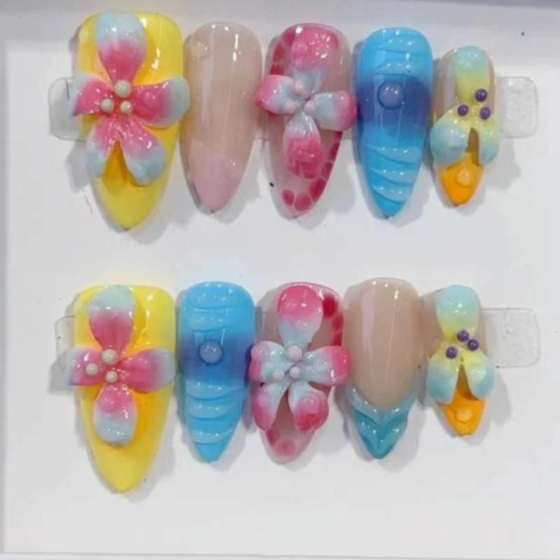 

10 шт., прозрачные ногти ручной работы со льдом, 3D резной цветок, белый миндаль, пресс для ногтей, допамин, стиль горячих девушек, накладные ногти, элегантный роскошный네일