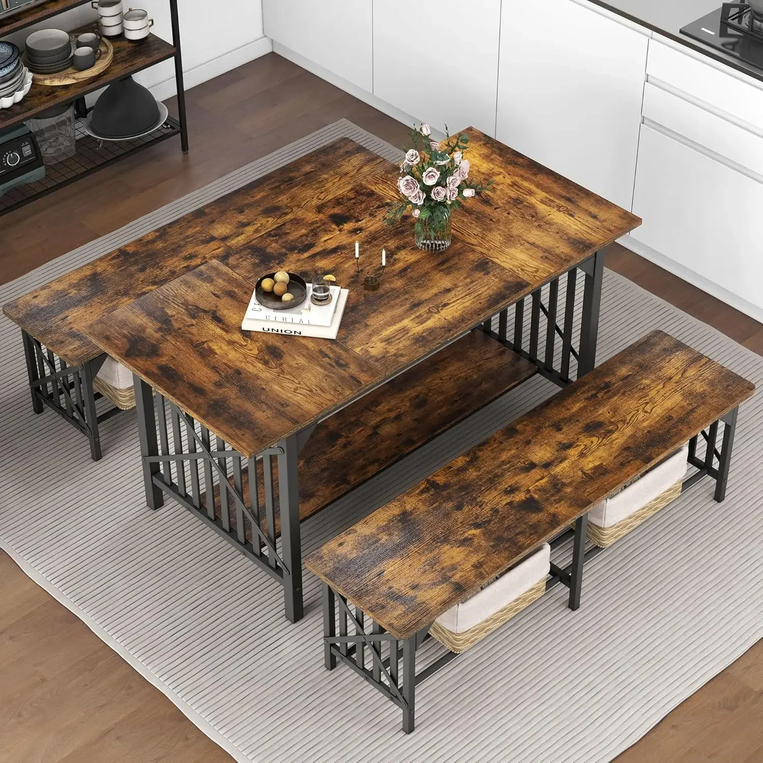 63" Dining Room Table with 2 Benches, Industrial Rectangular Dining Room Table Set with Storage for Kitchen