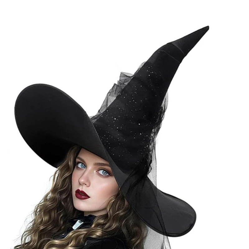 Halloween Party Witch Hat for Women Cosplay Tulle Crinkled Wizard Caps Fashion Costume Caps Festival Pointed Witch Drop Shipping