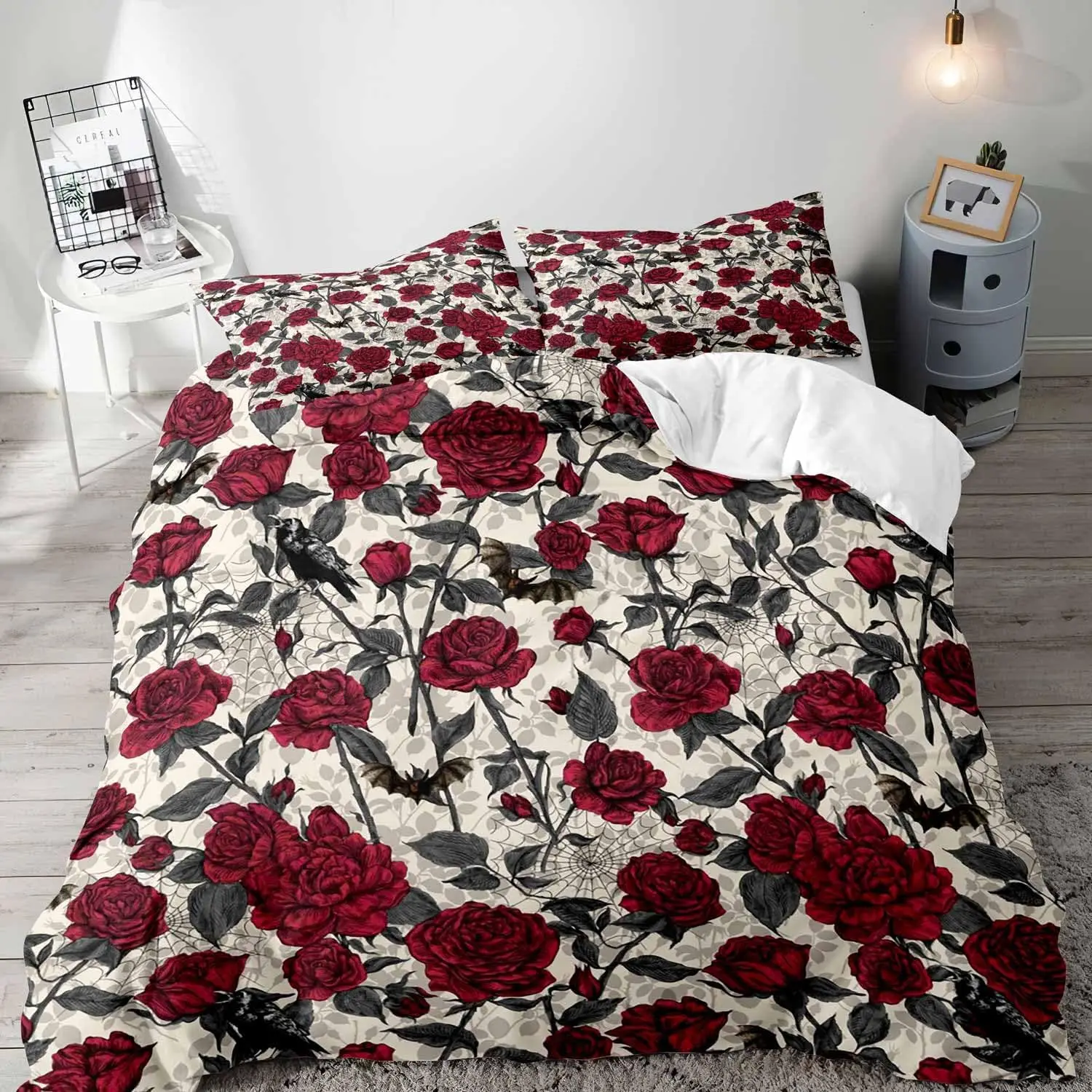 3PCS Dark Red Rose Bedding Sets 3d Printed Gothic Vintage Floral Leaves Duvet Cover With PillowCases Bedroom Decoration