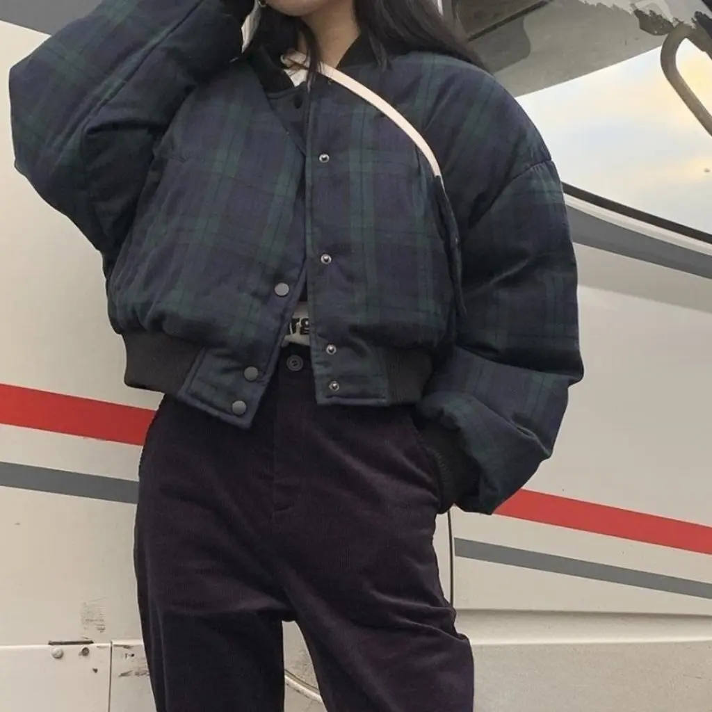 

Women's College Style Contrasting Plaid Baseball Jacket Loose Casual Short Cotton Winter Outerwear Korean Fashion