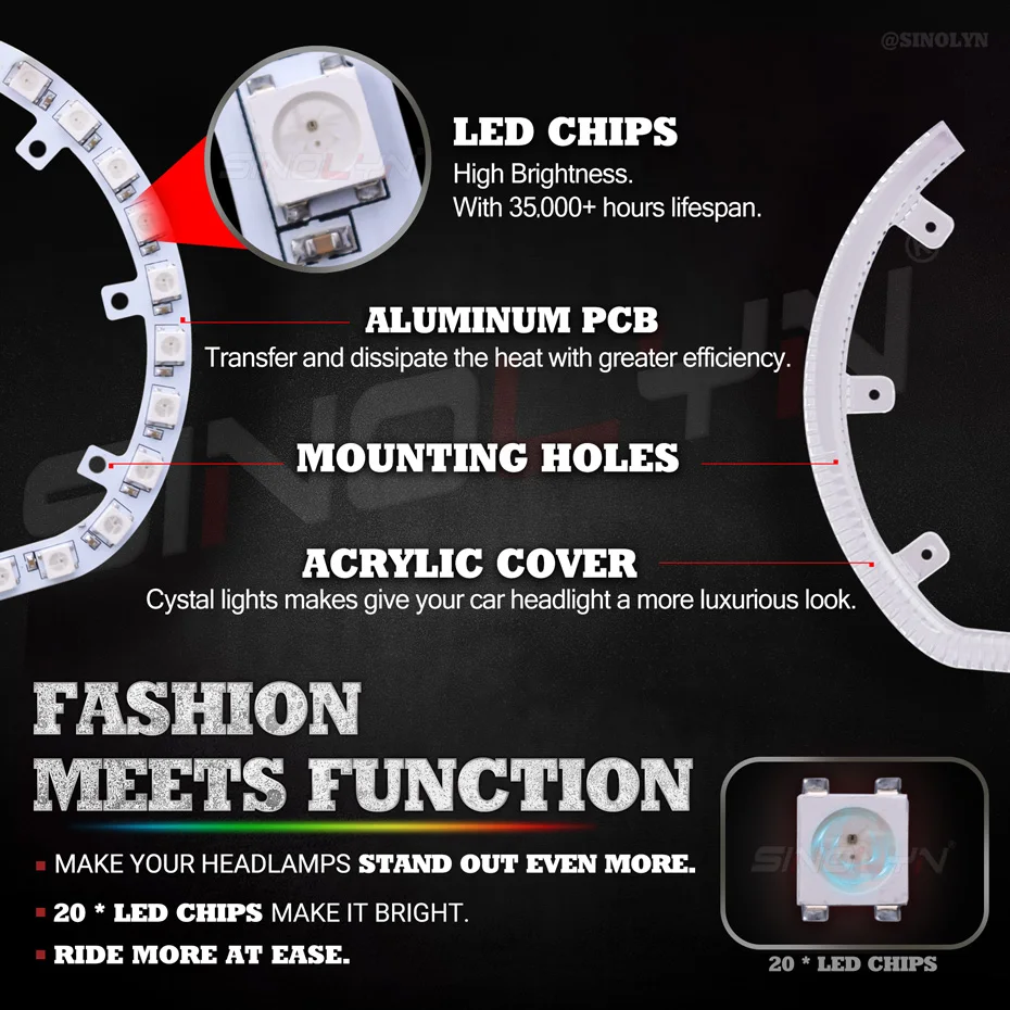 Sinolyn 2.5/3.0 Inch RGB LED Angel Eyes Shrouds For Xenon LED Projector Lens Revolving Dynamic Turn Signal Flowing Halo Bezels