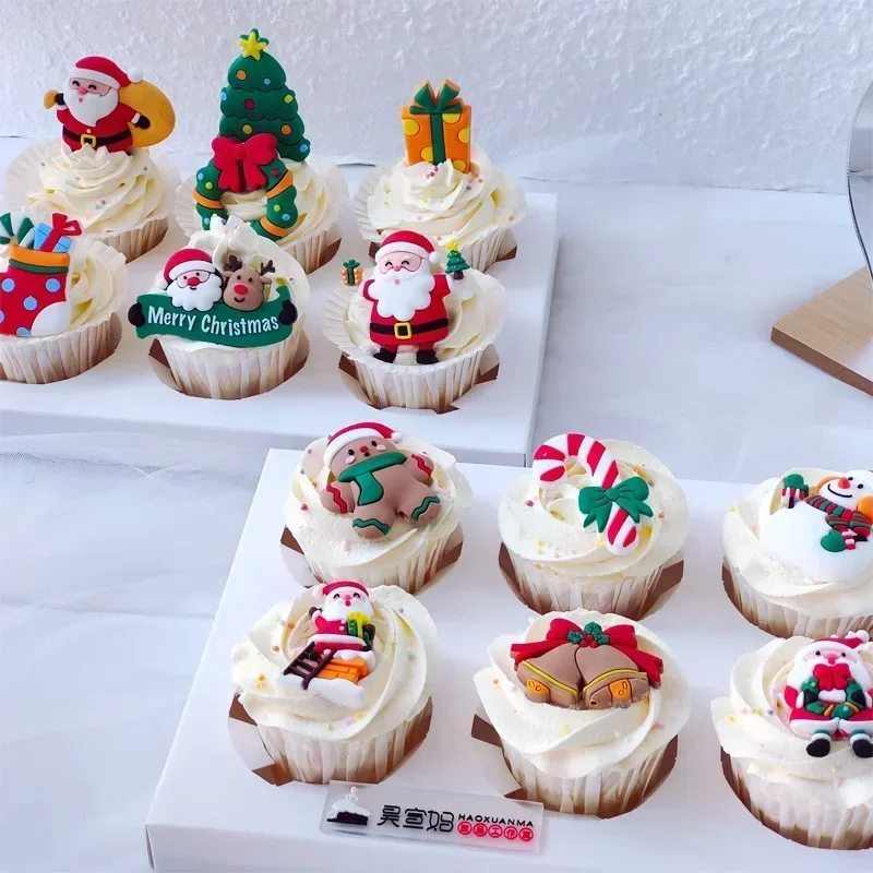 2024 New Resin Christmas Party Cake Topper Santa Claus Gift Bag Kids Merry ChristmasCupcake Topper Xmas Gifts Dessert Decoration