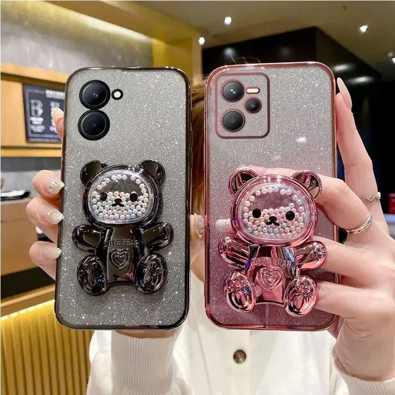 

Роскошный гальванический сверкающий чехол для телефона Cute Bear Stand для Realme 12 11 Pro 10 C 67 65 4G 55 53 30 В 25 13 F 17 11 PRO