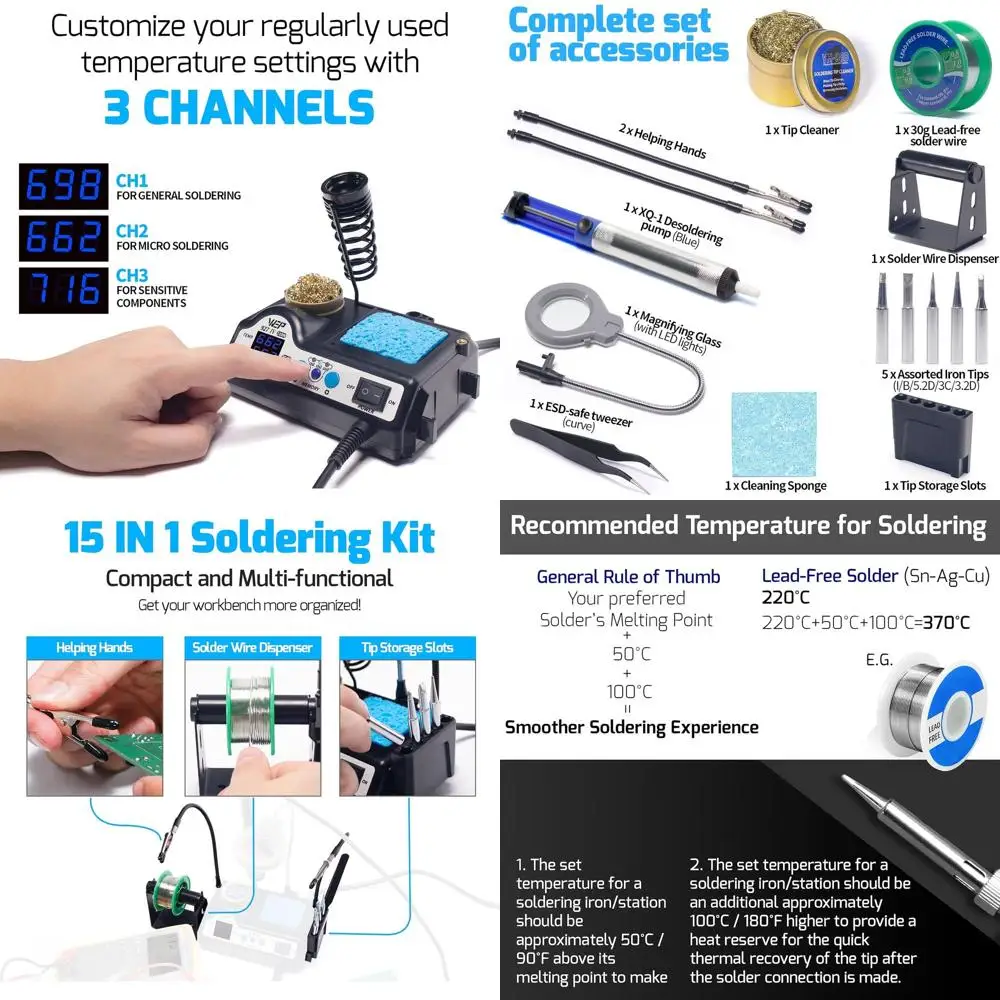 

927-IV Soldering Station Kit High-Power 110W with 3 Preset Channels, Sleep Mode, LED Magnifier, 5 Extra Iron Tips, Tip Cleaner,