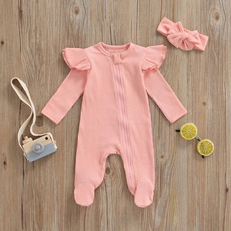 Baby Rompers Boys Girls Knitted Long Sleeve Ruffles Zipper O-neck Jumpsuits Headband Spring Autumn Outfits Newborn Clothes