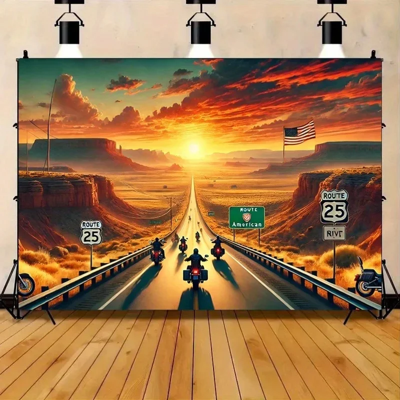American Highway Tapestry Route 66 Sunset Motorcycles Desert Landscape Road Trip Wall Hanging 2D Flat Print Backdrop for Room