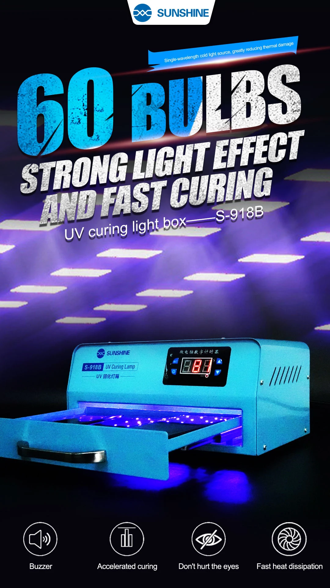 Sunshine UV curing box for LCD repair, UV glue mobile phone OCA, resin glue,3D printing, cold light source with soft pad, s-918b