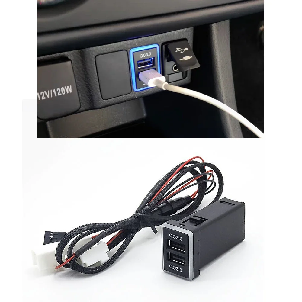 

QC 3.0 For Toyota Corolla Camry Prado USB Port Car Phone Charger Blue LED Light Quick Charging Adapter with Cable