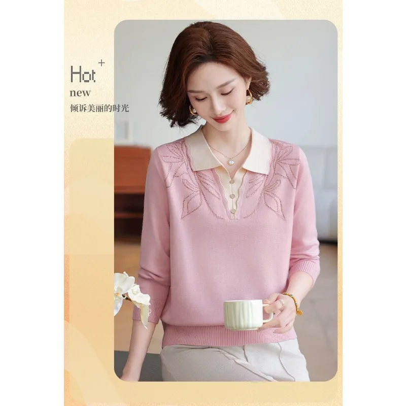 Bottoni con colletto POLO con presa nuova da donna Tinta unita alla moda Allentato Versatile Casual Top lavorato a maglia a maniche lunghe