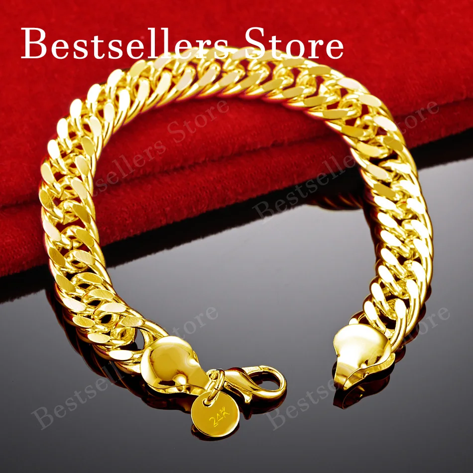 925 Sterling Silver 18K Gold Plated 10mm Cuban Chain Bracelet, Fashionable Men's and Women's Wedding Party Jewelry