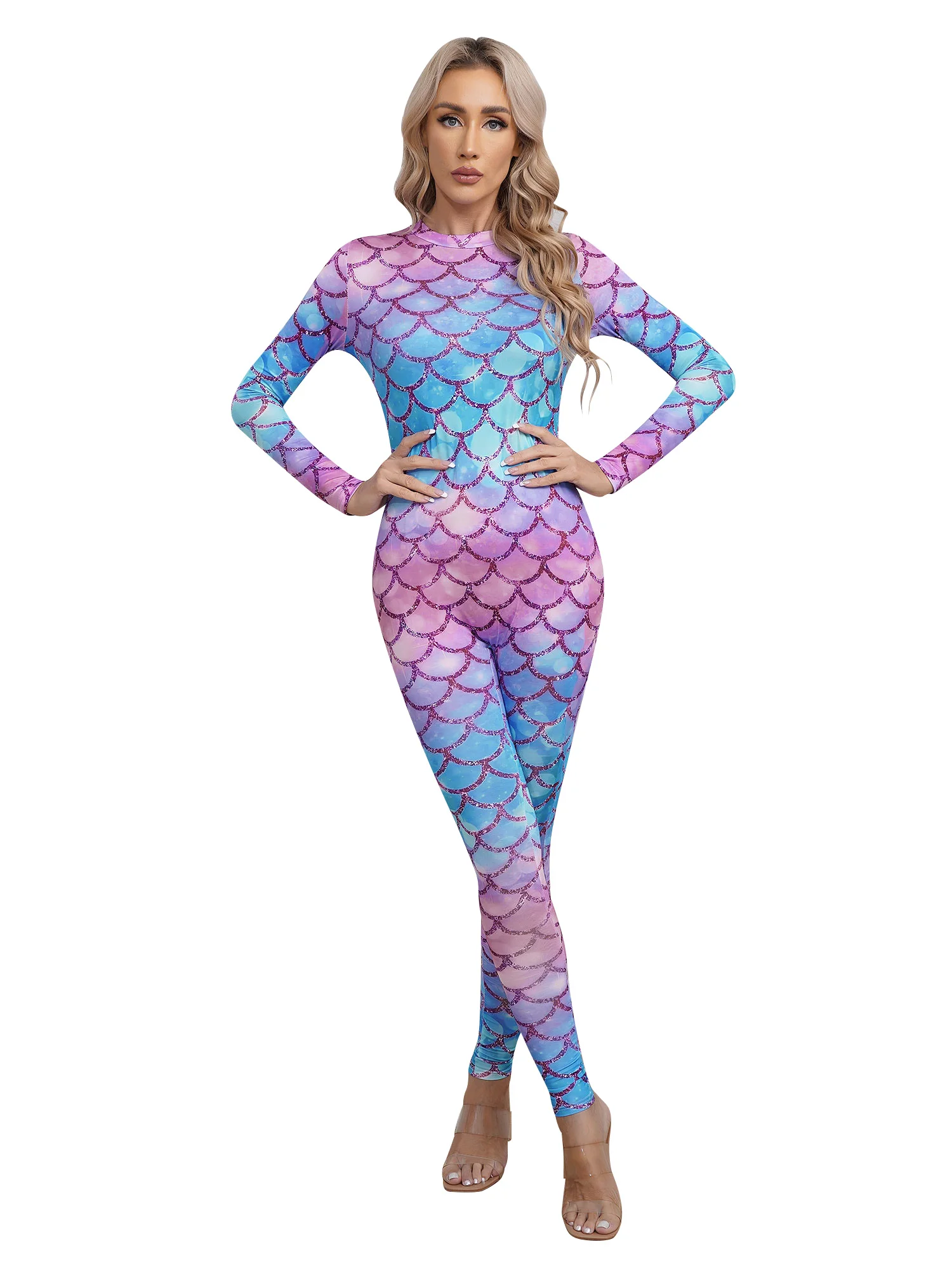 Womens Mermaid Costume Fish Scale Print Jumpsuit One Piece Long Sleeve Catsuits Back Zipper Full Body Stretch Bodysuit Beachwear