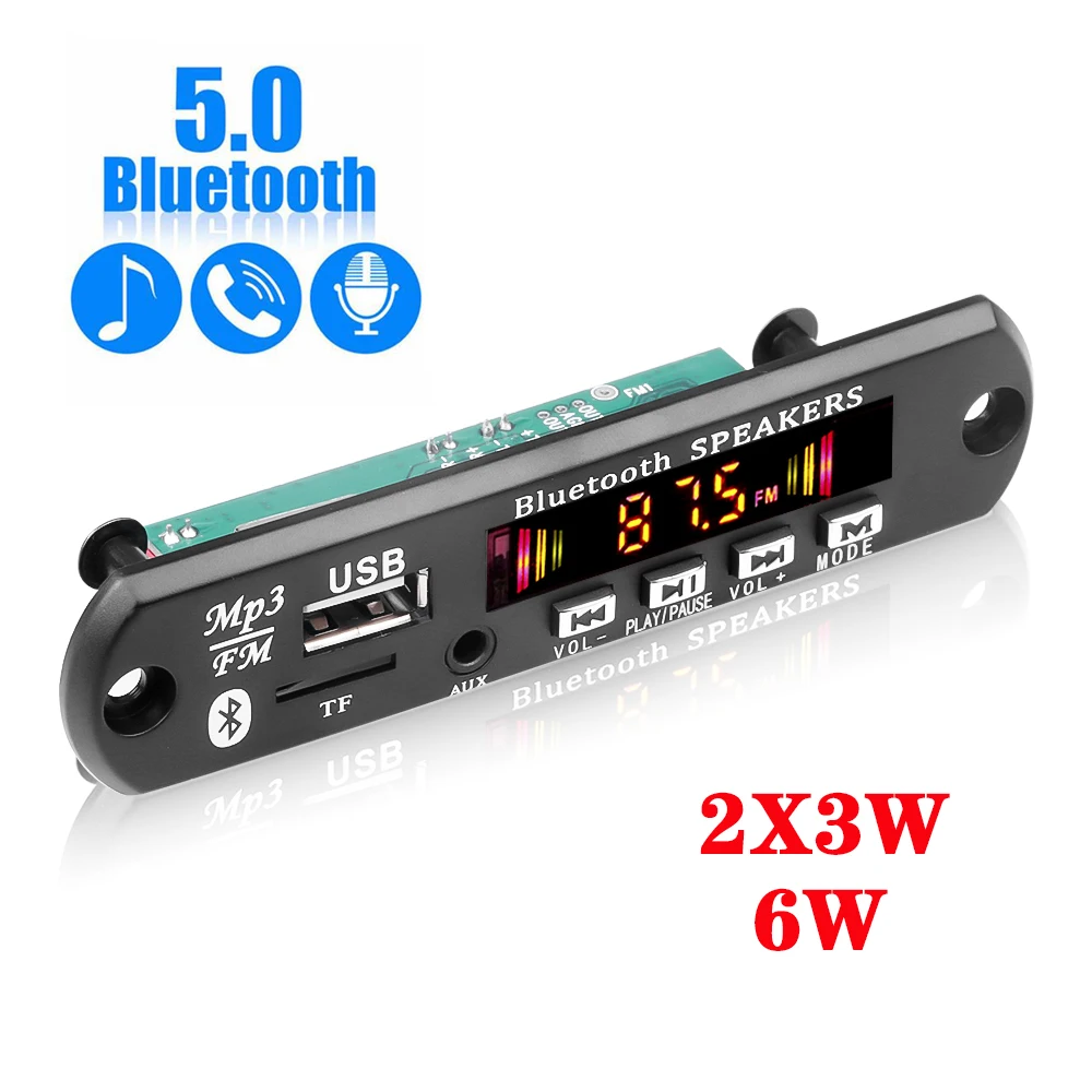 Placa decodificadora MP3 com amplificador, Bluetooth Player, FM, AUX, Módulo de rádio, USB, Gravação de chamadas, Acessórios do carro, DC 5V, 2*3W, 6W