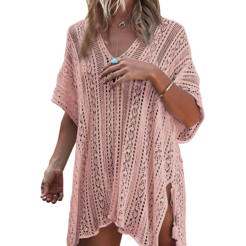 Women Knitted sunscreen blouse Causal Summer Dress Bikini Swimsuit Swimwear V-Neck Lace Loose Pullover Blouse Beach Cover Up y2k