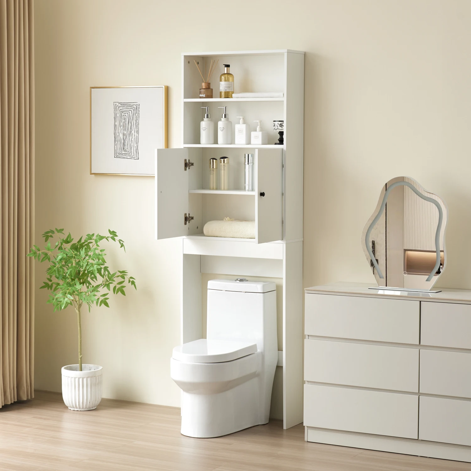 Farmhouse Over Toilet Storage Cabinet with 2 Barn Door & Toilet Paper Holder for Bathroom - White