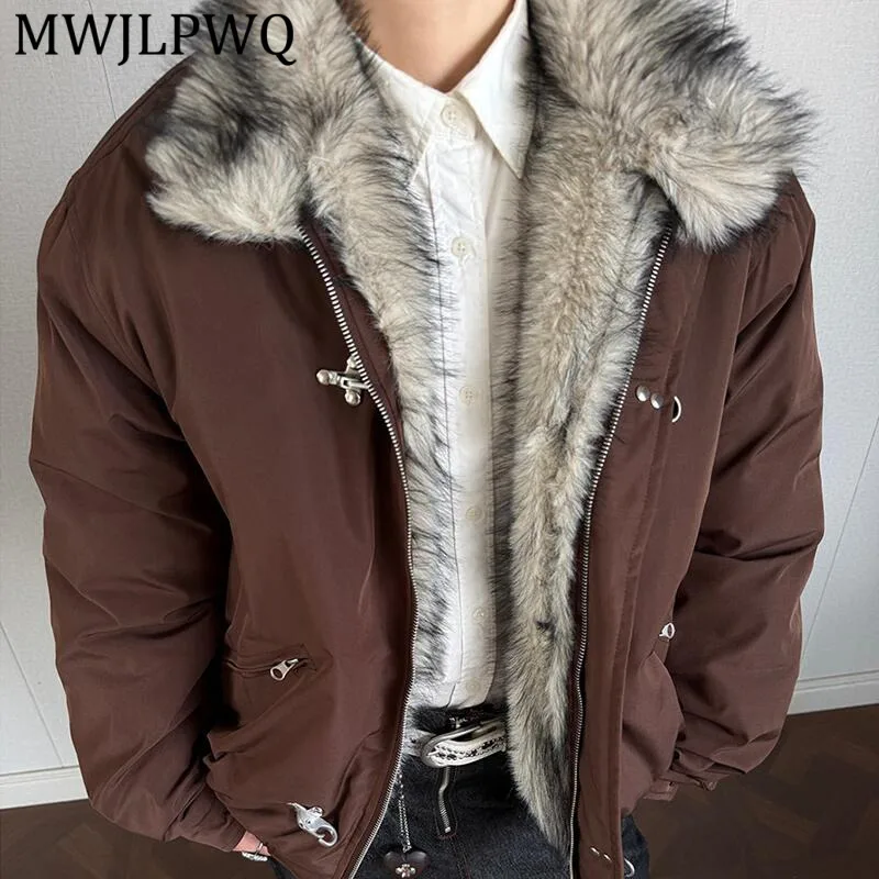 

MWJLPWQ Winter Fur Collar Fleece Jacket Men's Metal Button Design American Street Style Long Sleeve Casual Cotton Coat 13209