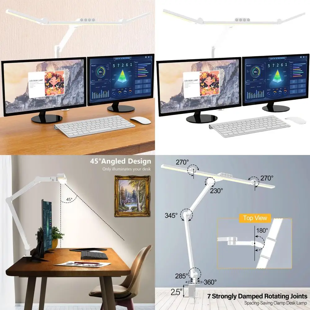 

24W Adjustable LED Desk Lamp with Clamp, Rotatable and Dimmable, Tempered Glass, White, Suitable for Office and Computer Use