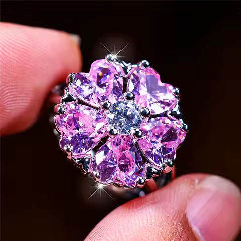 Luxury Female Crystal Pink Stone Engagement Ring Vintage Silver Color Wedding Jewelry For Women