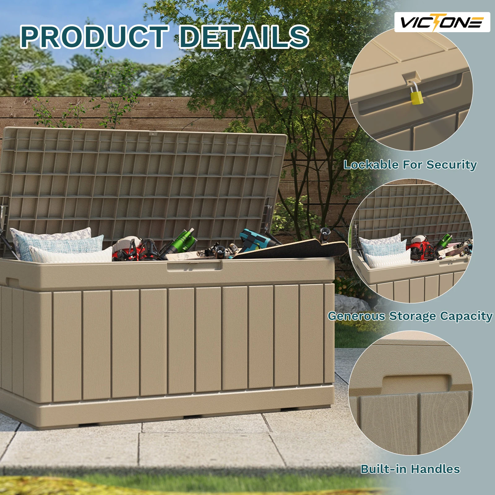 Victone 82 Gallon Deck Box, Waterproof Large Wood Look Outdoor Lockable Storage Box for Patio Fumniture, Toys, Garden, Coffee