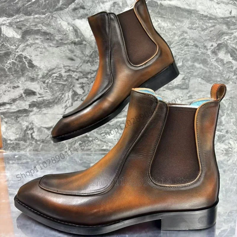 

Brown Gradient Color Sewing Design Square Toe Boots Fashion Slip On Men Boots Luxurious Handmade Party Banquet Men Dress Shoes