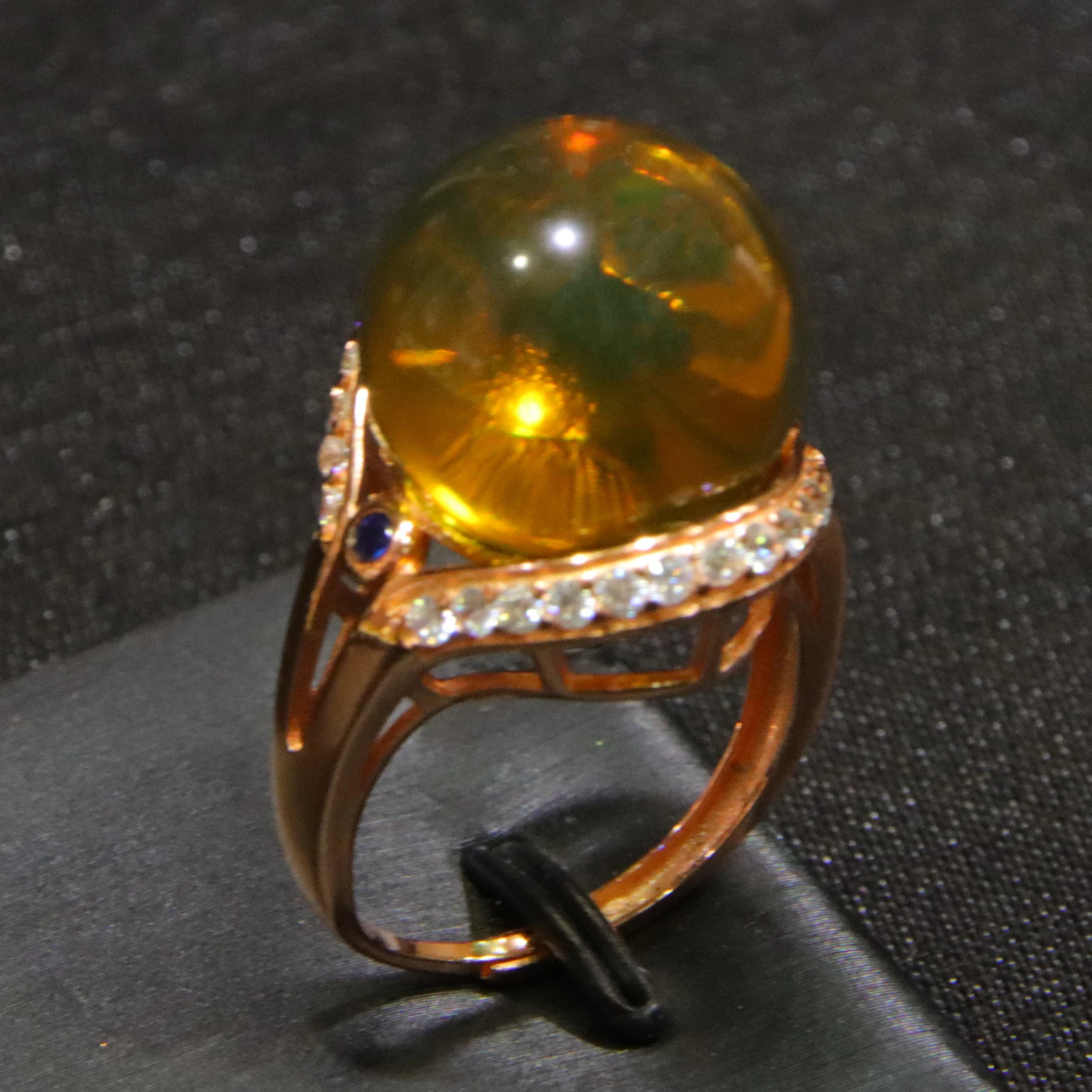 خاتم كهرمان أزرق 15.5 ملم من الفضة الإسترليني مطلي بالذهب الوردي مقاس قابل للتعديل للنساء هدية لمجوهرات حب عيد الحب