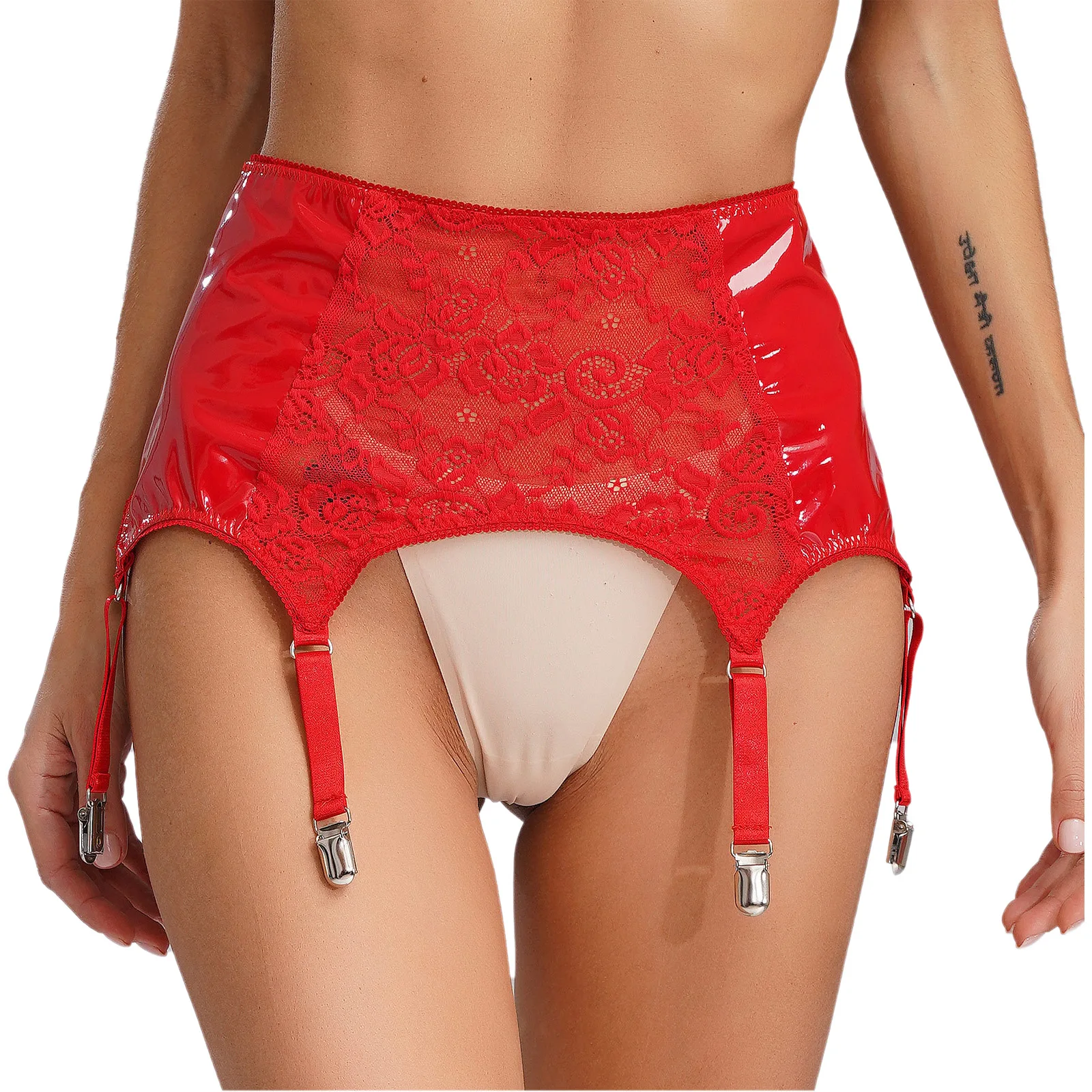 

Women Sexy Patent Leather Garter Belt Sheer Lace Suspenders Garter Belt Hot Lingerie Elastic High Waist Underwear for Stockings