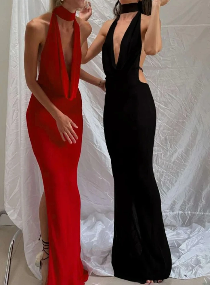 

Полое платье с бретелькой на шее, женское сексуальное платье с глубоким вырезом и открытой спиной, без рукавов, с разрезами, трендовый халат, полночное банкетное кокетливое длинное облегающее платье