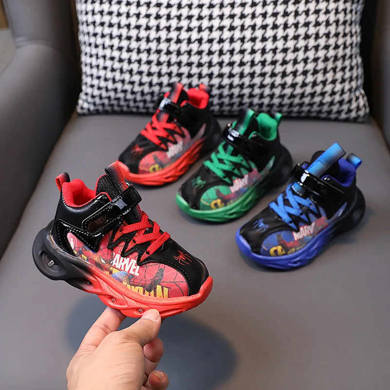 

Spring Kids Boys Led Light Shoes Cartoon Spiderman Print Casual Sneakers Girls Children Breathable Toddler Sport Running Shoes